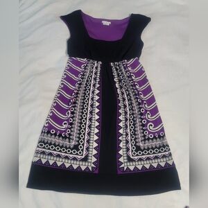London Times Purple and Black Patterned Fit-and-Flare Dress Size 6